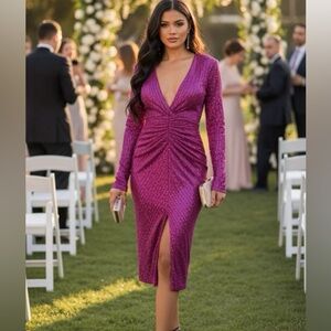 Pink Fushia Midi Slit Long Sleeve Sequin Sparkle Bling Deep V Neck Dress small